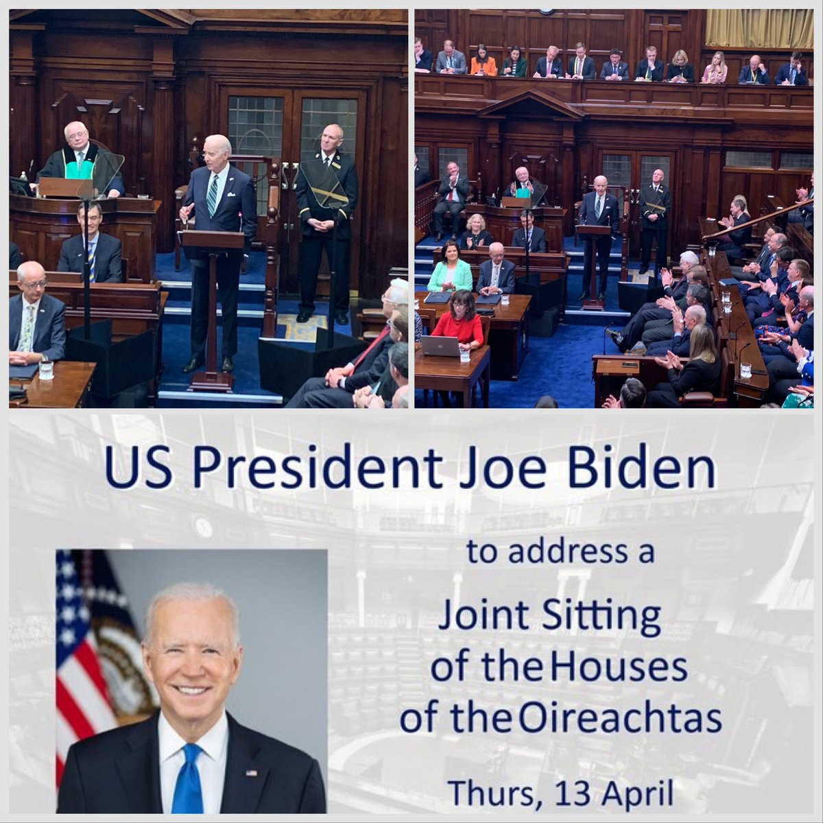 Inbjuden av irländska parlamentet för att närvara vid president Bidens <a href="/potus/">President Donald J. Trump</a> tal i dag till parlamentets båda hus. Biden talade om sina irländska rötter men också om Ukraina, Långfredagsavtalet, AI och klimathotet. Han beskrev det som "one of the greatest honour of his career"