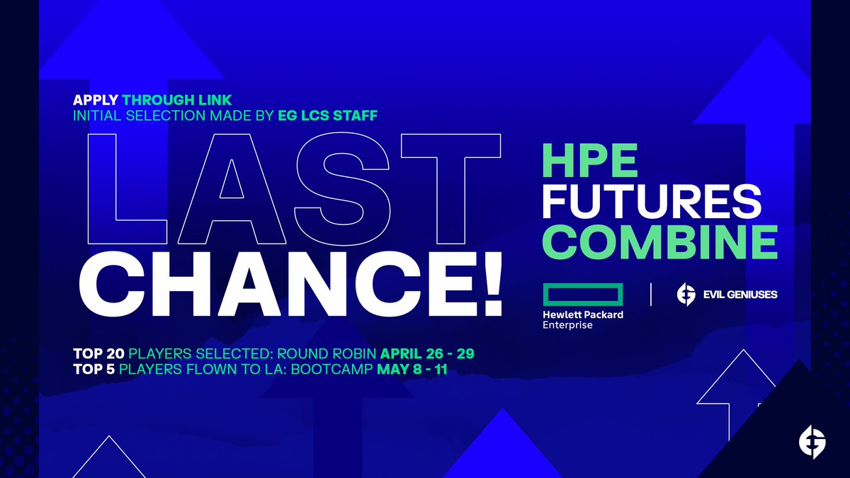 LAST CHANCE. You could be one of 20 League players selected for the HPE Futures Combine with hands-on experience to improve your gameplay in an online EG round-robin and LA bootcamp. Learn more and pre-register before 4/17: bit.ly/HPEFuturesComb… | @HPE