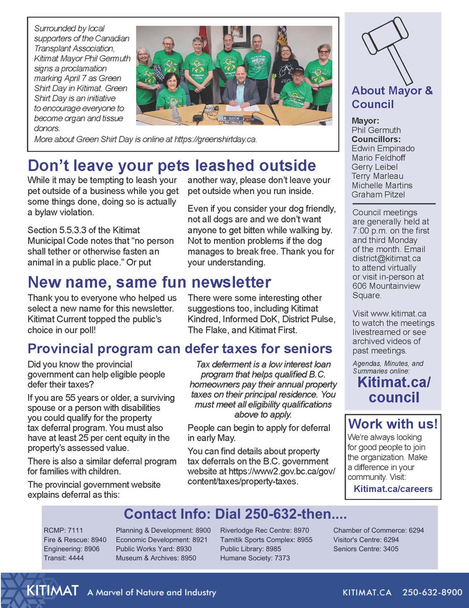 Our monthly District of Kitimat newsletters are posted on social media and distributed to various locations around town, including the library, Tamitik and Riverlodge. It is also sent out quarterly throughout the year, this week check your Kitimat Northern Sentinel paper!