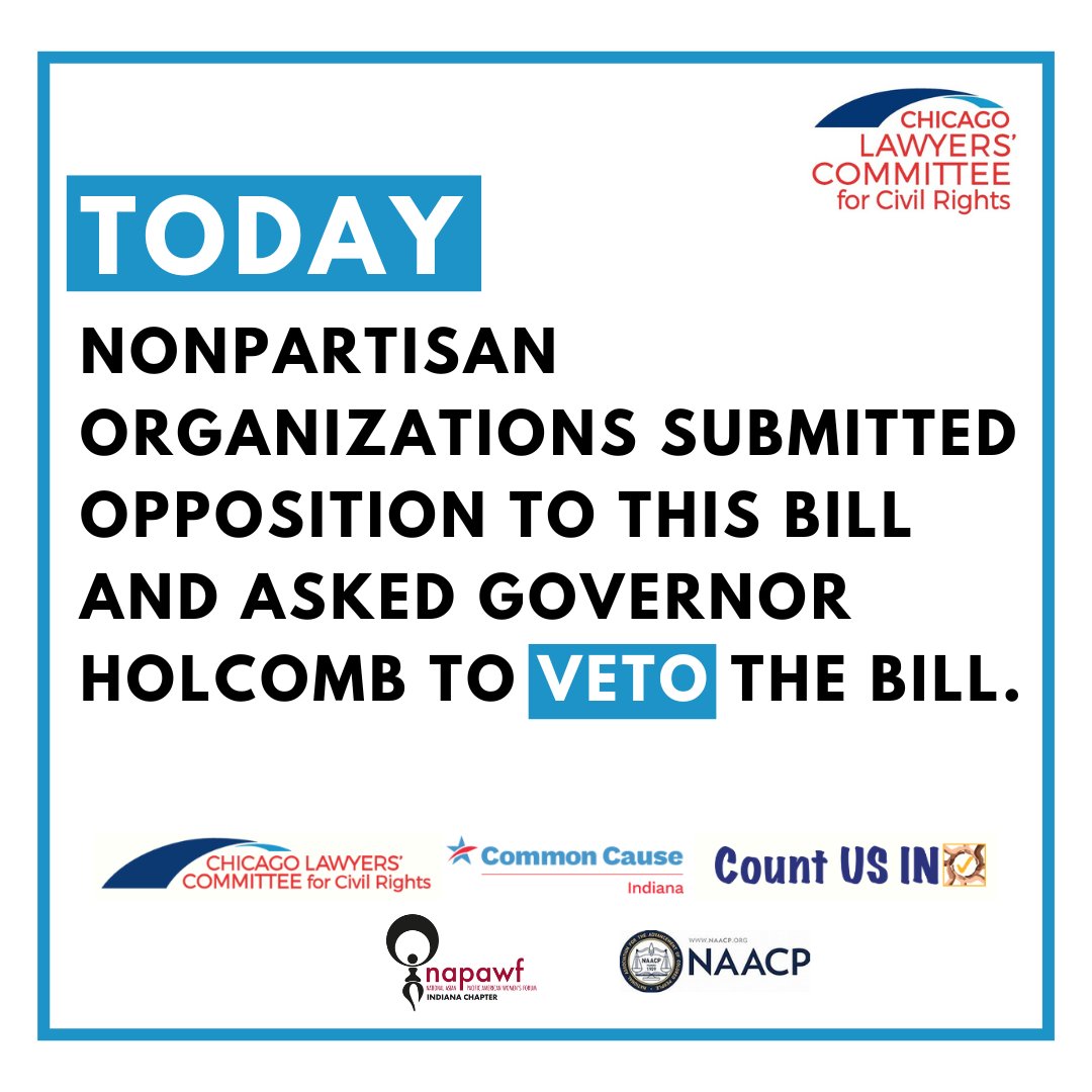 Today, Chicago Lawyers' Committee alongside other nonpartisan organizations submitted oppostion to IN HB 1334 asking Governor Holcomb to veto the bill. 

Read the letter here: buff.ly/43y89AU 

#INHB1334 #votingrights