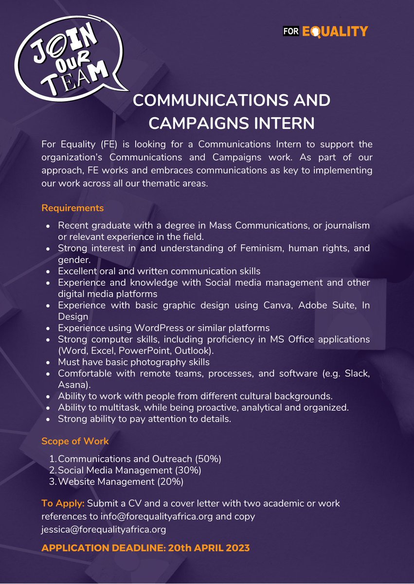 #FeministOpportunity

We are looking for a Communications and Campaigns Intern.

Location: Lilongwe, Malawi
Find the Job description & application process here:
drive.google.com/file/d/1m2dU8w…

Applicants are encouraged to read the full Job description.