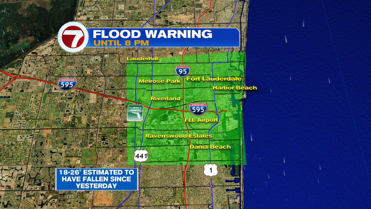 7Weather's tweet photo. The Flood Warning for parts of Broward has been extended from 4 pm to 8 pm. More rain is possible and any additional problems may worsen the already saturated ground. https://t.co/0ek0PsMbrX