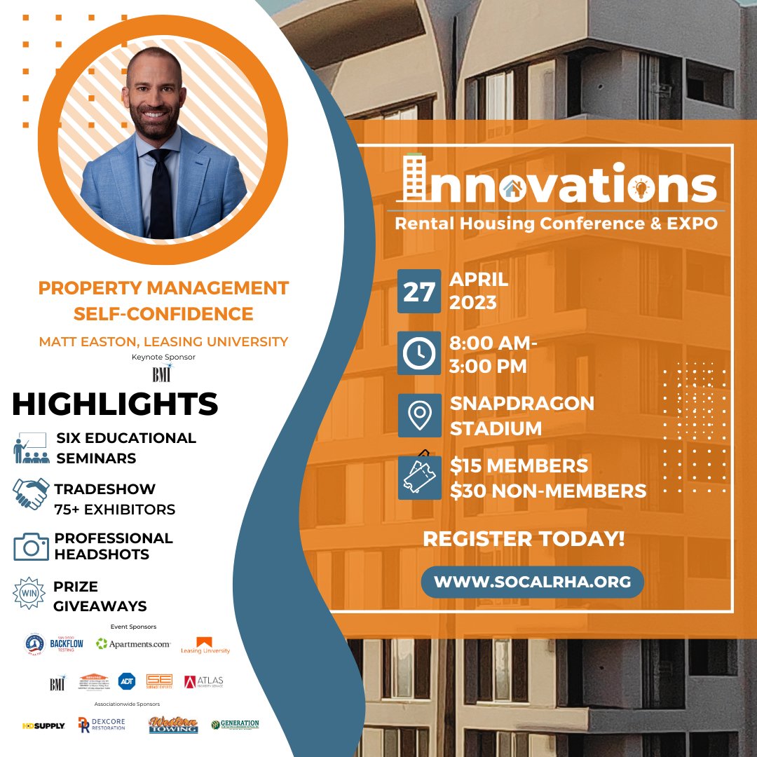 SoCalRHA's tweet photo. Join us: Innovations Rental Housing Conference & EXPO on 4/27! Registration includes: Keynote from Matt Easton & 5 Educational Seminars, 80 Exhibitors, Maintenance Mania, Prizes, Free Headshots, & Stadium Tours! Sign up today 👉https://t.co/PL1gKpxqx8
#scrha #rentalhousing https://t.co/r3QmwBhzFP