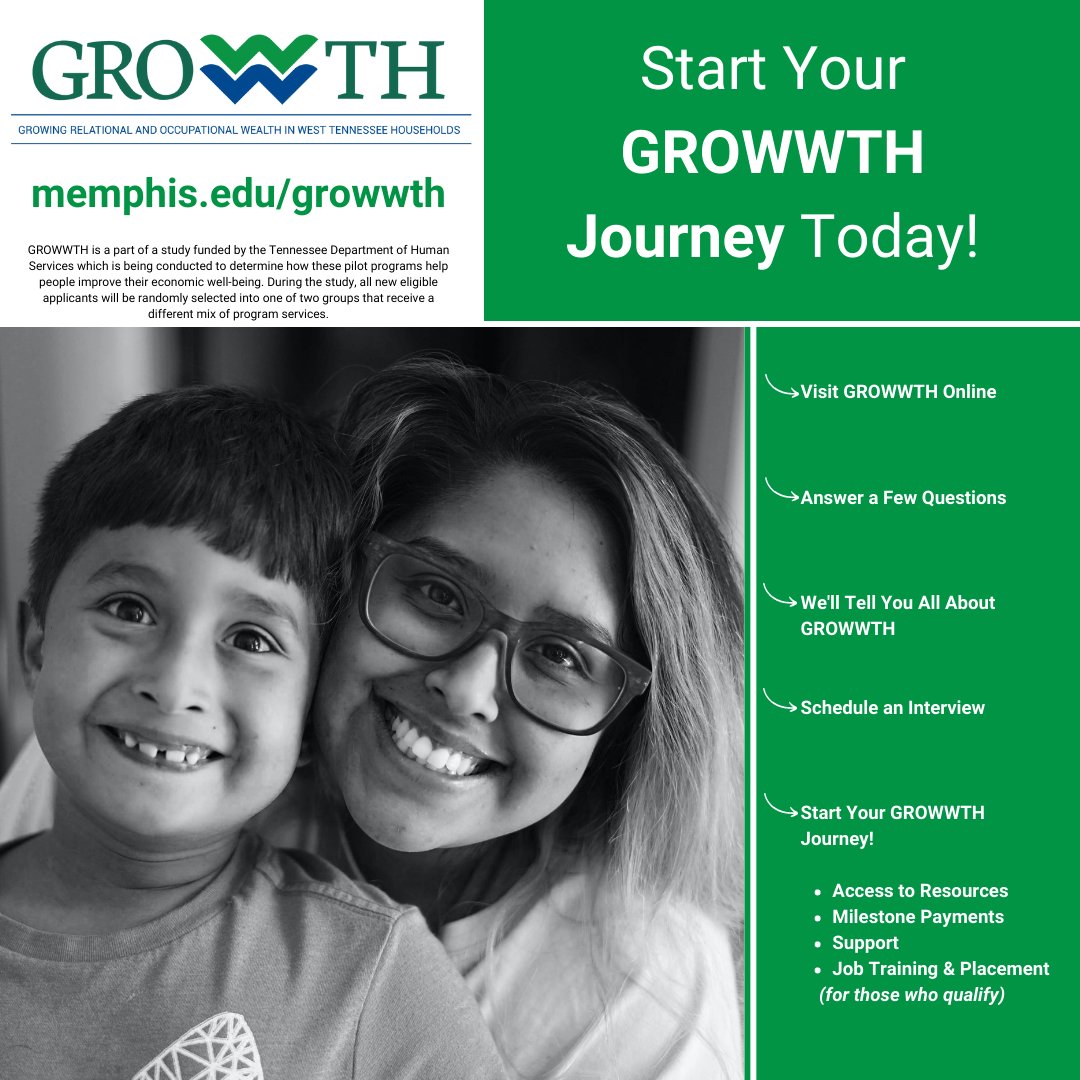 Now serving West Tennessee!

Support | Workforce Readiness | Job Placement >>> For West Tennessee Parents who qualify.   

Contact us TODAY memphis.edu/growwth/contact 

#jobs #memphisjobs #TN #TNjobs #careerdevelopment #MEMPHIS #jobsearch #shelbycountyTN