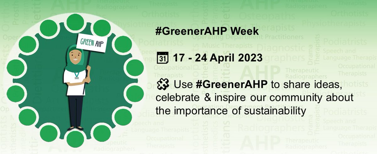 🚨#GreenerAHP Week Launch Event   📆 Monday 17 April 2023, 12.00 – 13.00hrs   💚 Looking forward to celebrating with & inspiring fellow #AHPs about the importance of #sustainability   👀 👉 england.nhs.uk/ahp/greener-ah… @WeAHPs @GreenerNHS @SusHealthcare