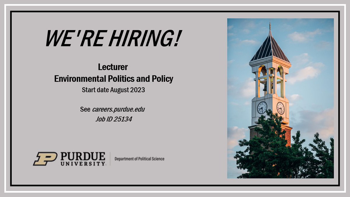 Come join us! Lecturer in Environmental Politics and Policy starting August 2023. Application review begins April 15 and continues until filled. Renewable with opportunities for advancement.  Apply here: tinyurl.com/2p9peyud      #psjm #Poliscijobs #AcademicJobs #PolSciJobs