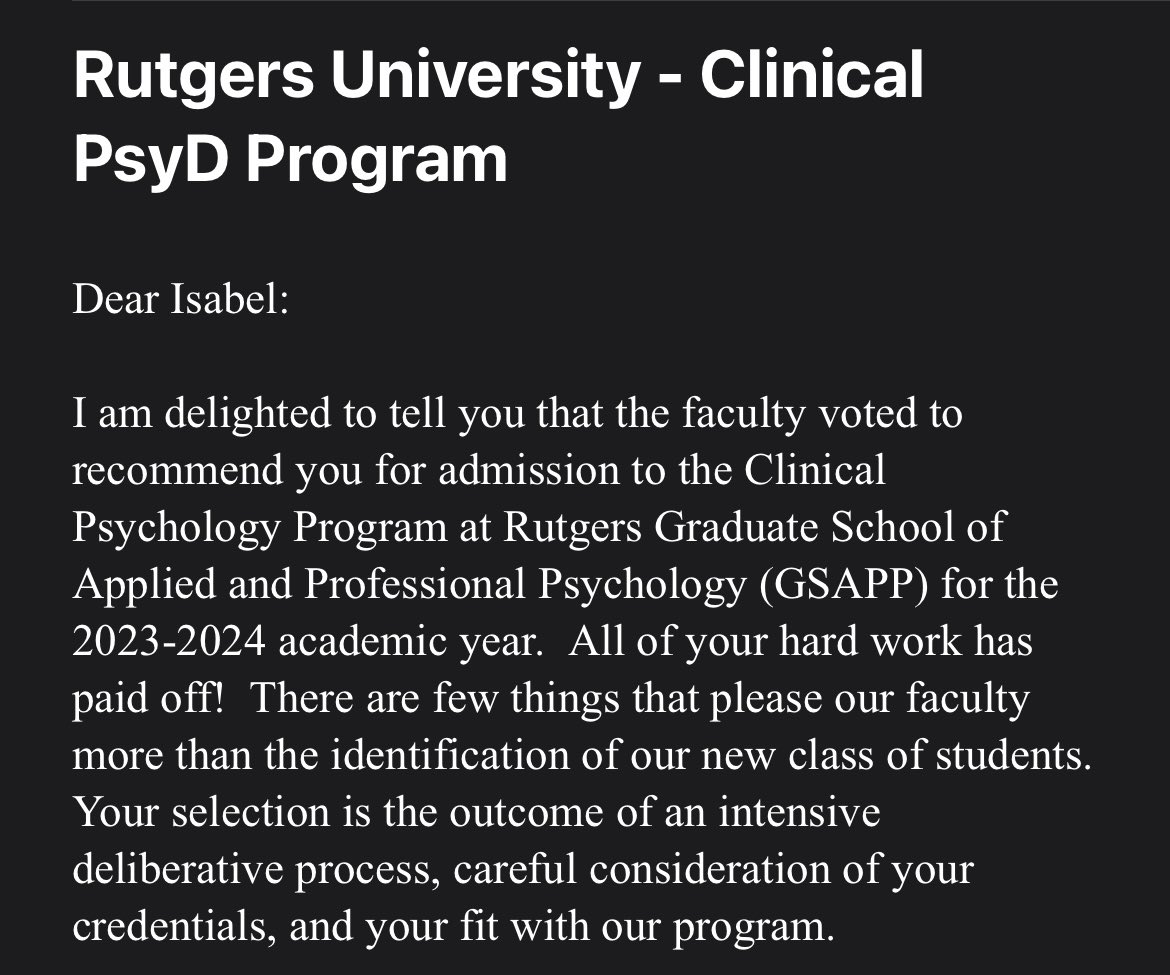 Grateful to share I will be attending Rutgers GSAPP Clinical Psychology doctoral program this fall ♥️