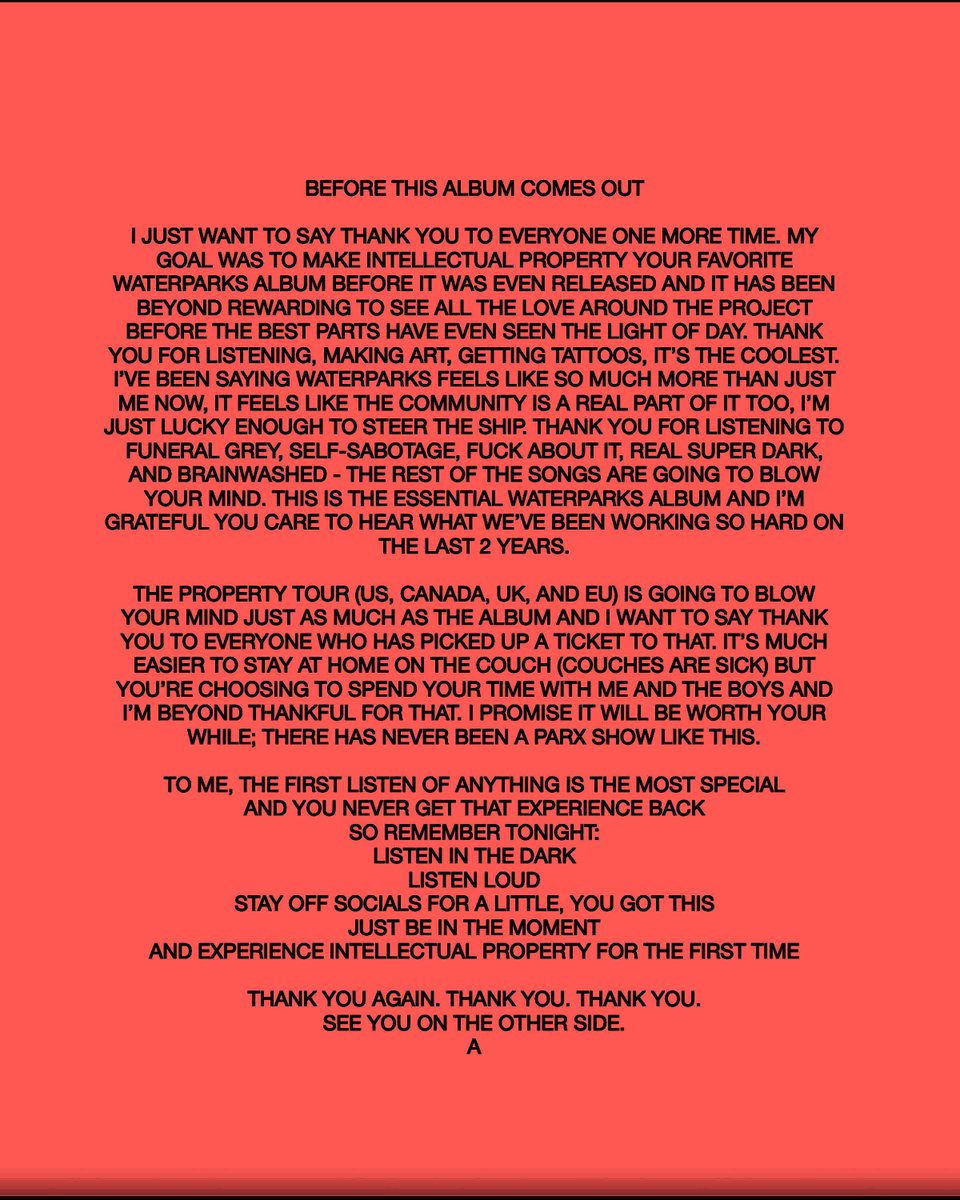 awsten's tweet photo. ANOTHER NOTE FOR YOU

INTELLECTUAL PROPERTY
THE FIFTH STUDIO ALBUM
BY WATERPARKS 
OUT TONIGHT 

THANK YOU
THANK YOU
THANK YOU https://t.co/objGwGvxL6
