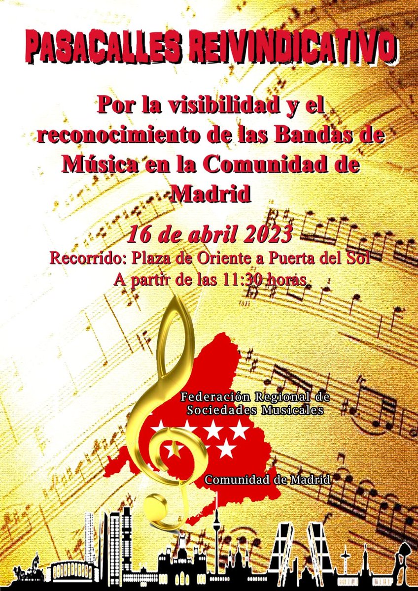 bandalcobendas's tweet photo. Nos unimos al resto de Bandas de Música de la Comunidad de Madrid en el 📢🎺 #PASACALLESREIVINDICATIVO por la visibilidad y reconocimiento de las Bandas de Música, este domingo 16 de abril a las 11:30 en la Plaza de Oriente https://t.co/ATruYVI4Jr