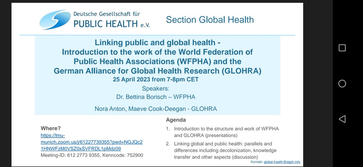 Linking #global and #public #health: discussion with  Bettina Borisch (#WFPHA) and Nora Anton&Maeve Cook-Deegan (#GLOHRA) organized by #DGPH
