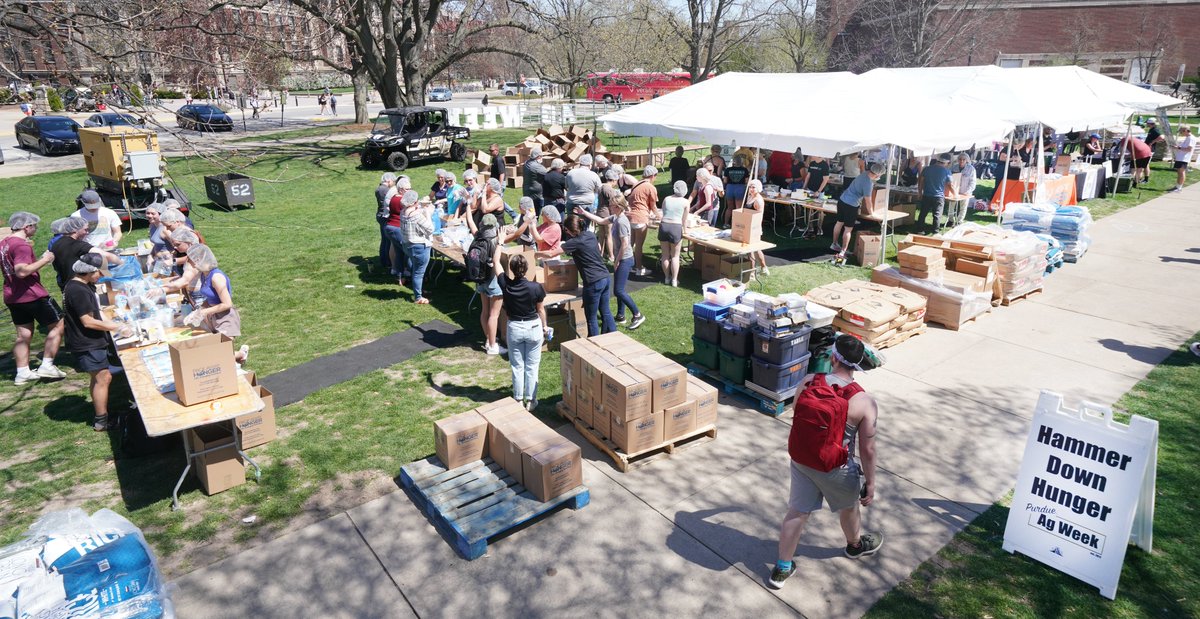 PurdueAg's tweet photo. Around 350 volunteers packed 60,000 meals for local and international distribution today at @PurdueAgWeek's #HammerDownHunger to combat food insecurity. The day began with lemon shakeups to support Indiana AgrAbility and will conclude with cornhole hosted by @PUAgronomyClub. https://t.co/JX46WHnyZg