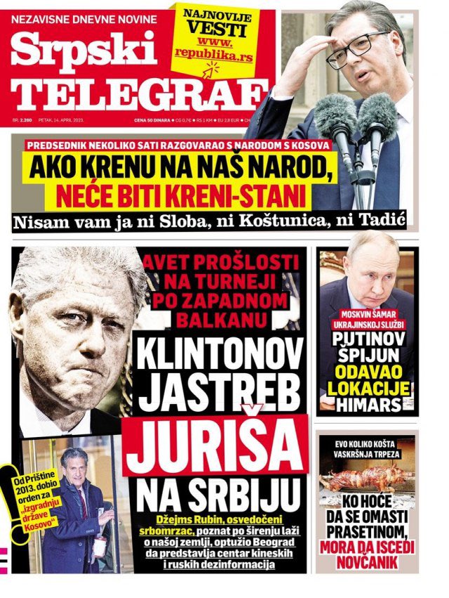 Blerim_Vela's tweet photo. Front pages of tomorrow’s editions of Serbia’s pro-regime papers are spreading hysteria and warmongering rhetoric against Kosovo following Vučić show in Raška with Radoičić &amp; Co.

Vučić is hellbent to return to 1990s to “finish” Milošević’s work. Again, he will fail. https://t.co/LZGbEYreue
