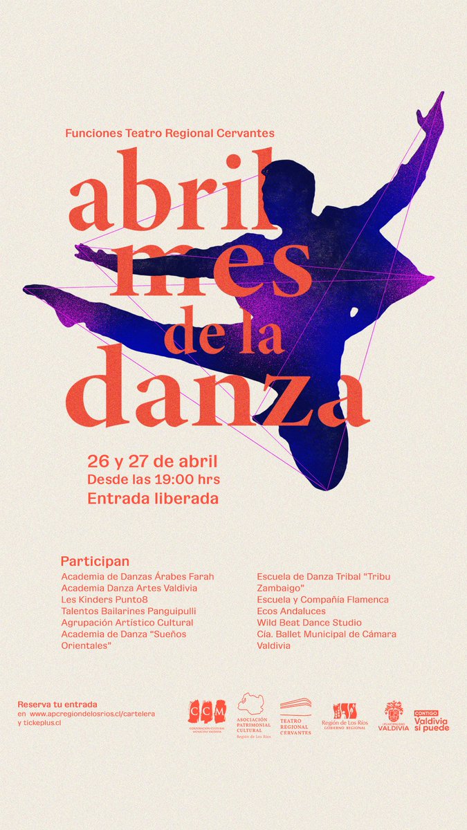Mes de la Danza 
Reserva tus entradas para las funciones del 26 y 27 de abril en Teatro Cervantes en 👉🏼apcregiondelosrios.cl/cartelera/
<a href="/MunicipalVald/">Teatro Municipal Val</a> <a href="/danza_valdivia/">Escuela de Danza Valdivia</a> <a href="/informavaldivia/">elinformadorvaldivia</a> <a href="/munivaldivia/">MuniValdivia</a> #ValdiviaCL