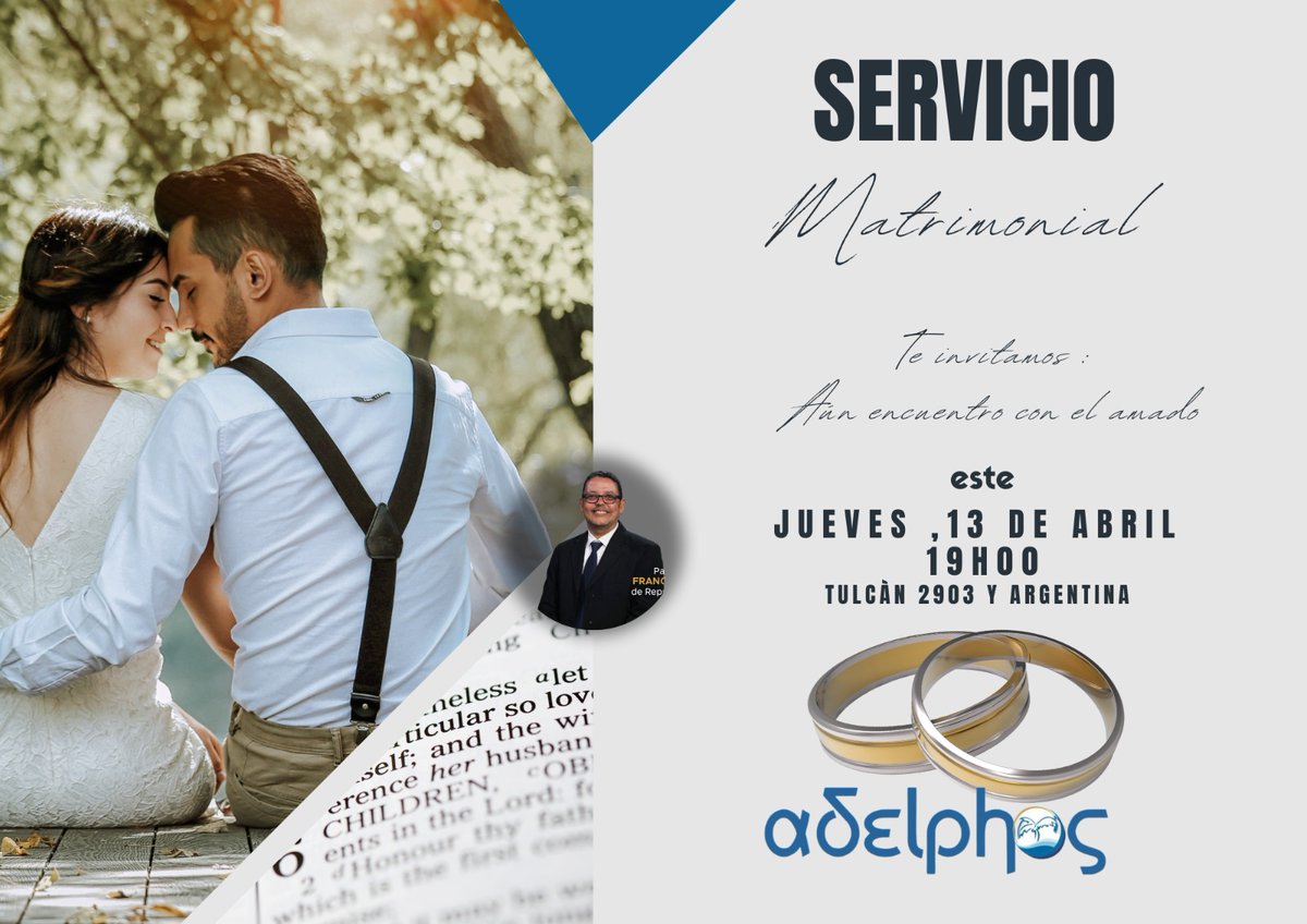 IglesiaAdelphos's tweet photo. Servicio Matrimonial , Iglesia de Cristo Adelphos Guayaquil Ecuador, jueves 13 abril partir de las 19h00, dirección auditorio Tulcán 2903 y Argentina #Guayaquil #Ecuador #Iglesia #elimrd #elim #parejas https://t.co/zDfsftsMnC