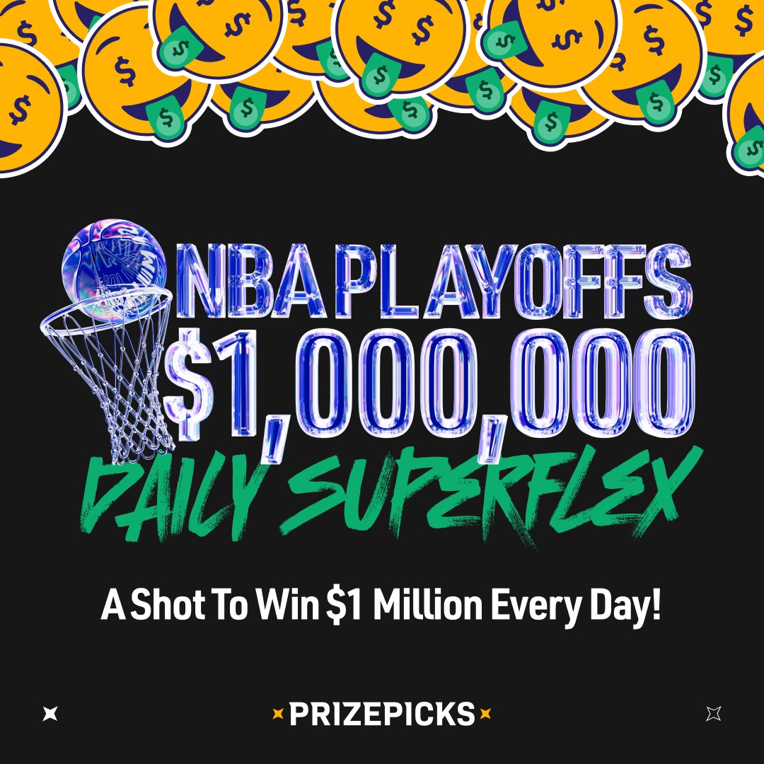 PrizePicks's tweet photo. ONE MILLION DOLLARS! 🤑

Every day during the NBA Playoffs, one of you will receive an additional 6-Pick Flex Entry to win $1M! 🏀💰

6/6 = $1,000,000
5/6 = $80,000
4/6 = $16,000

Learn more and opt in for the shot of a lifetime here: https://t.co/uxL782uXGS https://t.co/vqNs5DCY3F