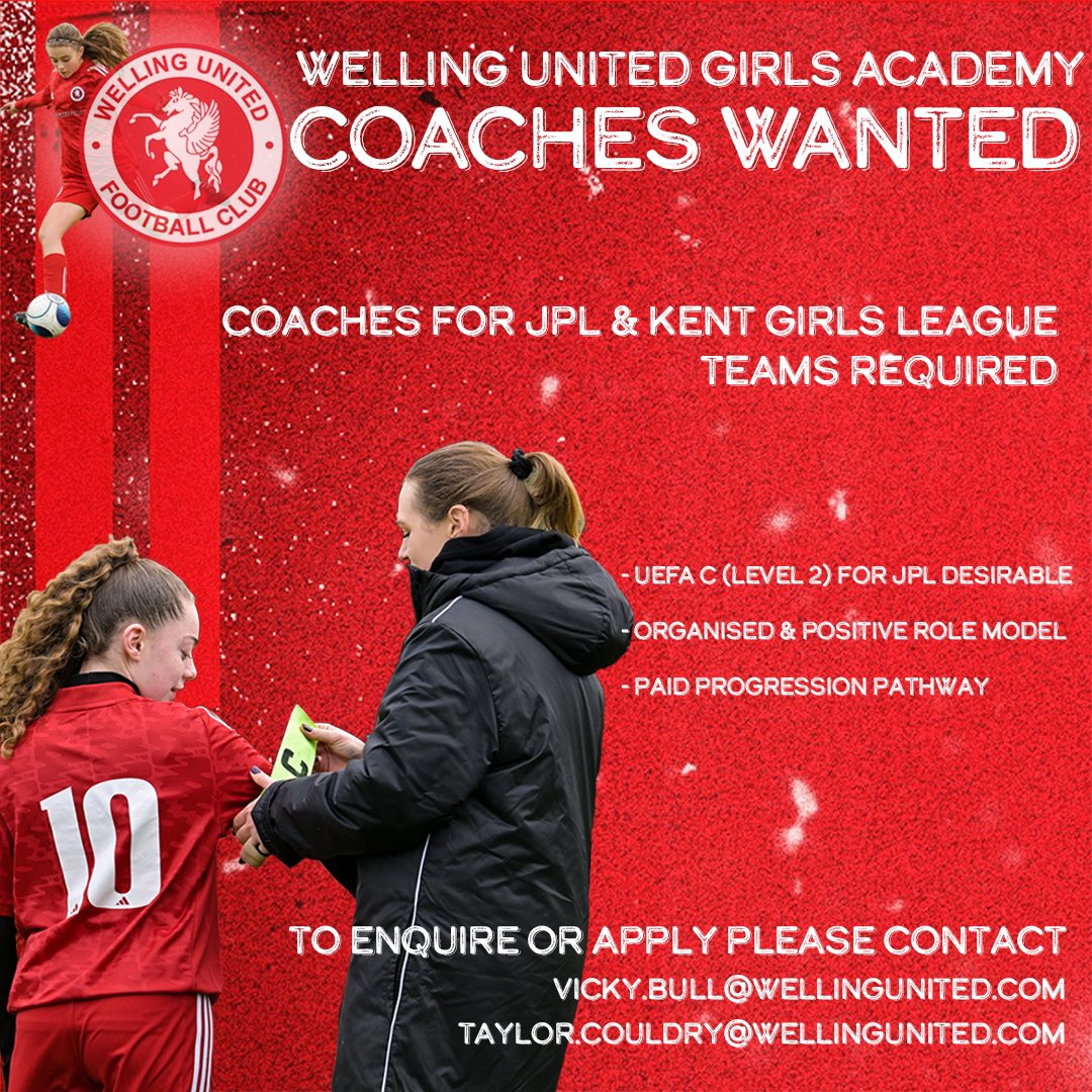 Welling United Girls Academy (@wellinggirls) on Twitter photo As our academy grows, so must our staffing!
We are actively looking for positive role models to join our great team of coaches and managers.
If you are hard working and wanting a new challenge, please feel free to get in touch ⚽️
<a href="/JPL_WARRIORS/">JPL Warriors 🛡️</a> <a href="/KGLFL/">Kent Girls & Ladies Football League</a> <a href="/LondonFA/">London Football</a> #100FC As our academy grows, so must our staffing!
We are actively looking for positive role models to join our great team of coaches and managers.
If you are hard working and wanting a new challenge, please feel free to get in touch ⚽️
<a href="/JPL_WARRIORS/">JPL Warriors 🛡️</a> <a href="/KGLFL/">Kent Girls & Ladies Football League</a> <a href="/LondonFA/">London Football</a> #100FC