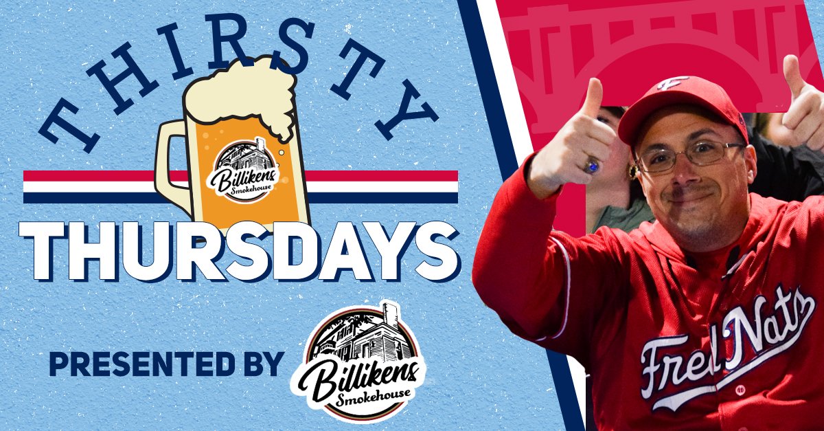 FXBGNats's tweet photo. Thumbs up for being one week away from our first Thirsty Thursday of the season, presented by Billiken's Smokehouse! 🍻

Grab your tickets now at https://t.co/0i2VvNLSqI and get ready to join the best happy hour around, with $2 and $5 drink specials. https://t.co/h8Kb0wx17P