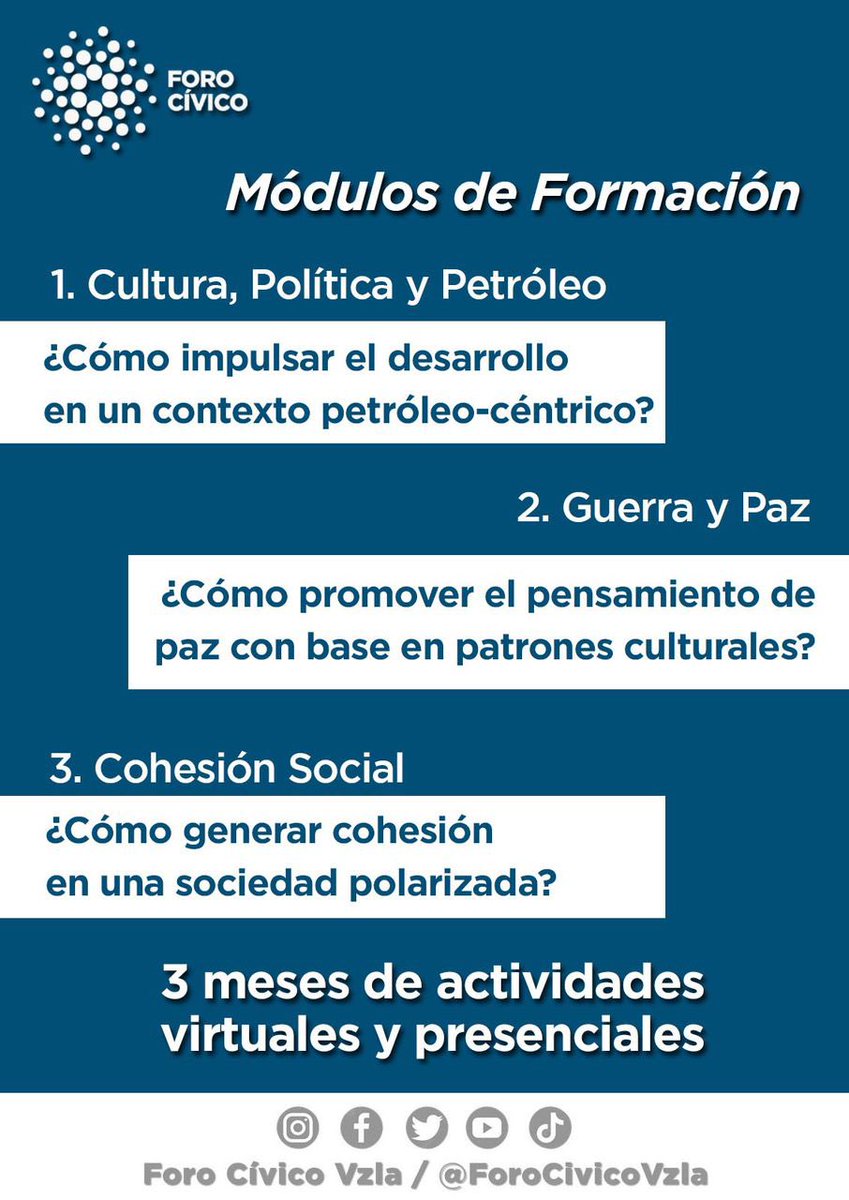 3 meses de actividades virtuales y presenciales, de:
- Cultura, Política y Petróleo
- Guerra y Paz
- Cohesión Social.                               ¡Contamos con tu participación! <a href="/ForoCivicoVzla/">Foro Cívico</a>