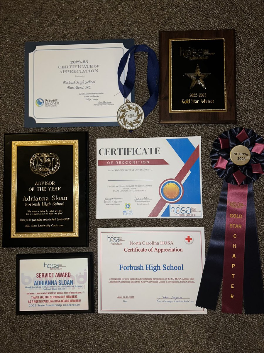 hosa_forbush's tweet photo. Forbush High School NC HOSA SLC 2023 Awards
- Service Award- Adrianna Sloan
- Advisor of the year- Adrianna Sloan 
- American Red Cross Certificate 
- Be The Match Certificate 
- Prevent Blindness Certificate 
- Barbra James Service Award- Riley Jester
- Gold Star Chapter/Advisor https://t.co/ceYp4WHdyS