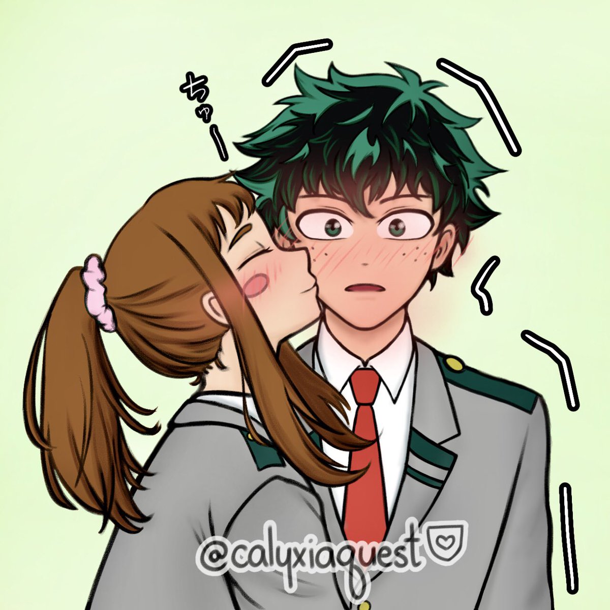 #izuochaweek2023
Day 5 : Stasis/Metamorphosis

I drew them as 3rd year students ('metamorphosis') and Ochako gave Izuku a kiss which caused him to freeze ('stasis') lol

To take him out of the trance, she kissed him again. (*≧∀≦*)

#izuocha #dekucha #dekuocha #dekuraka 🍵💕