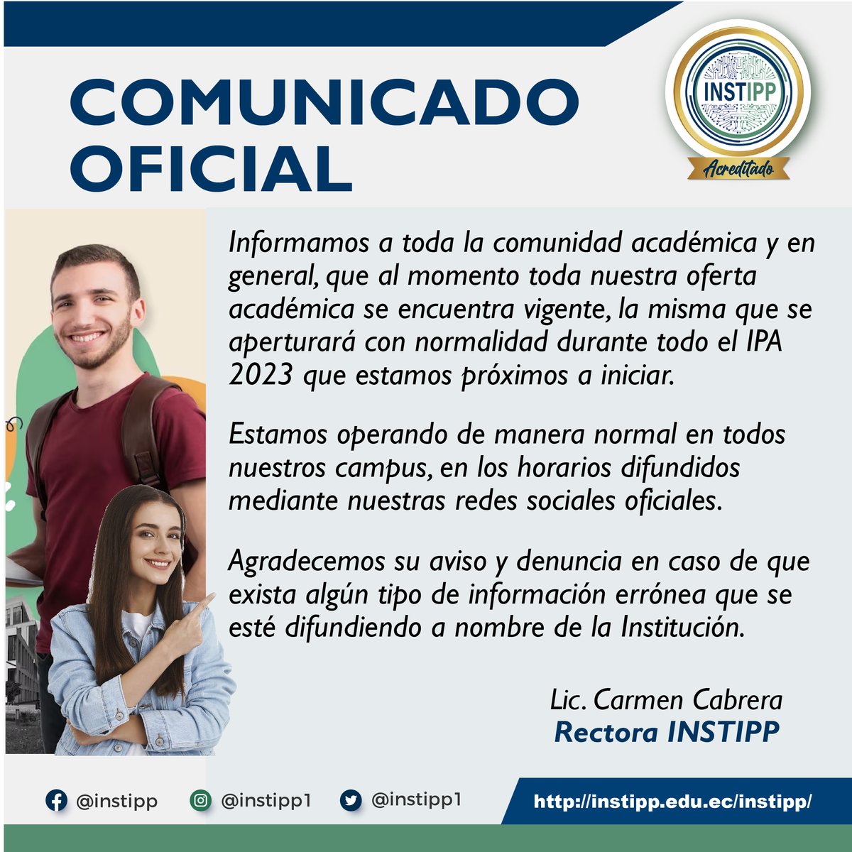 intsipp's tweet photo. #ComunicadoOficial
.
Para toda la comunidad académica y en general, informamos que toda la OFERTA ACADÉMICA difundida por el INSTIPP se encuentra vigente. Los procesos de matrícula se están realizando con normalidad.
.
Agradecemos su denuncia en caso de alguna información falsa. https://t.co/OKyZJQ98z6