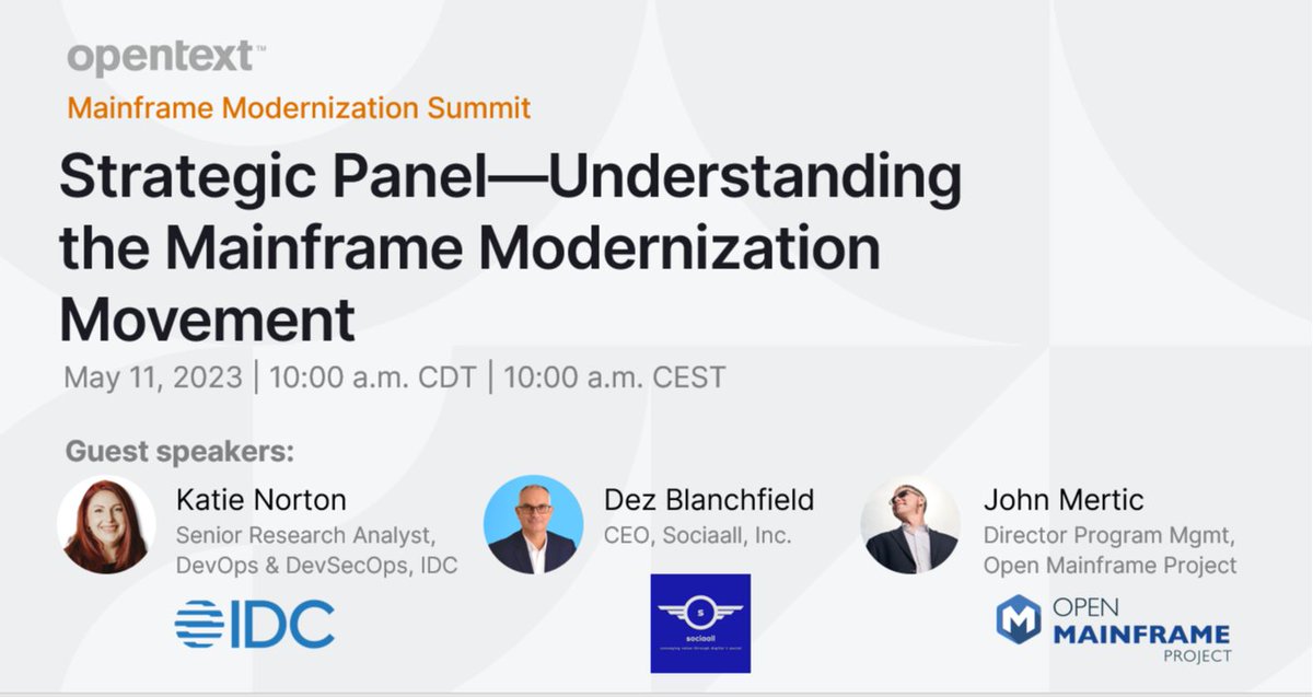 cobolmf's tweet image. Why has #mainframemodernization been getting so much attention recently? This session at the #OpenText Mainframe Modernization Summit will explore this question & more. Register now to attend live or to watch on demand: #MainframeMod23 #MyCompany bit.ly/3KFhBcS