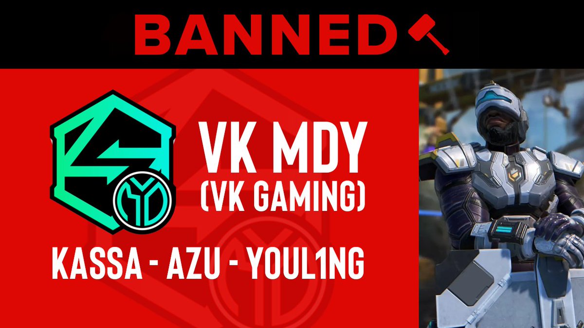 🚨 #ALGS NEWS 🚨

APAC-S Pro League team VK MDY has been banned. You will have noticed them not scrimming, and that's due to EA/Respawn handing them what is said to be a 6 month BAN!

The 3 players and coach Jiepai I believe have all received it after the incident linked below