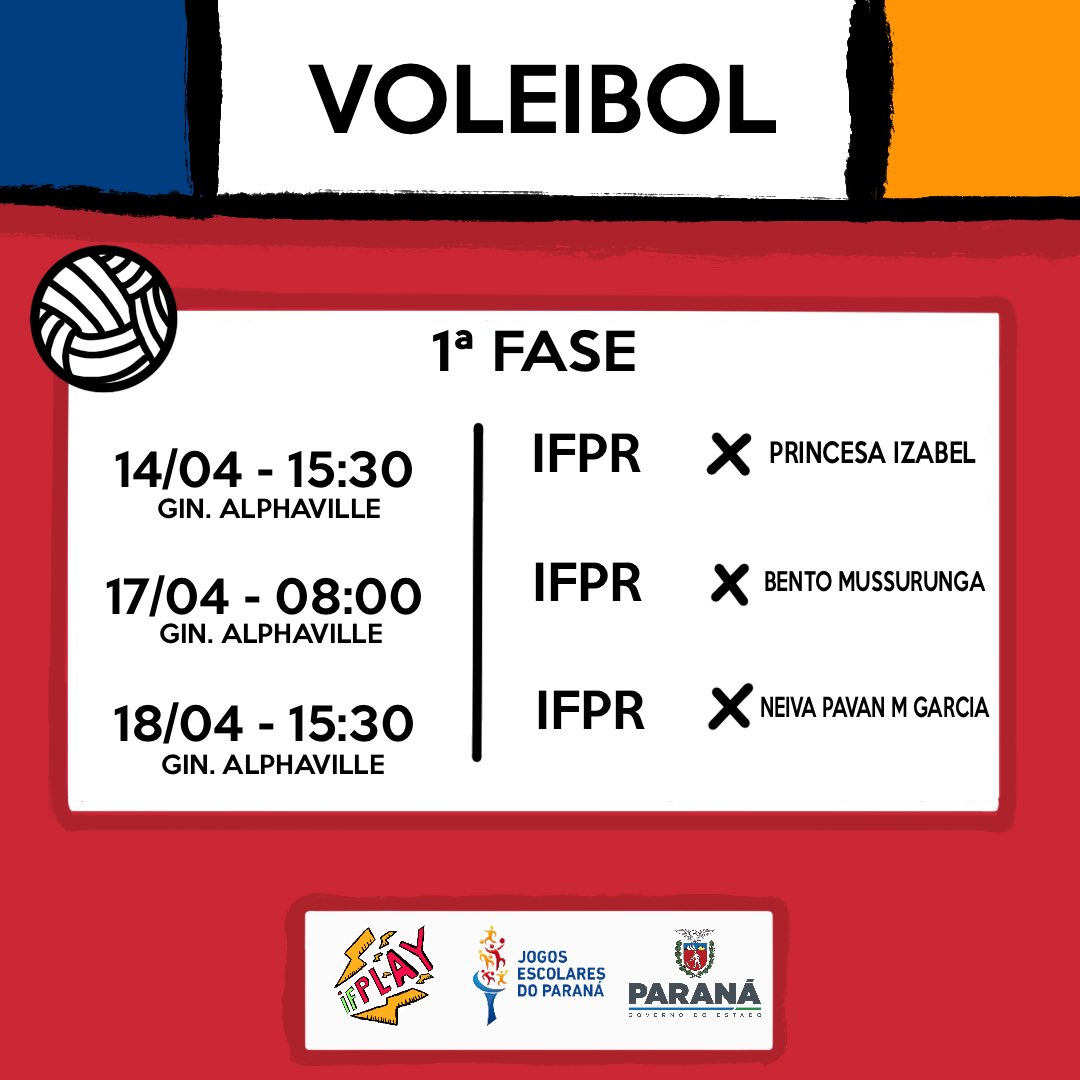 IFPLAY_Oficial's tweet photo. PROGRAMAÇÃO DOS JOGOS ESCOLARES 2023.

Horário abaixo referente aos jogos onde o IFPR - Campus Umuarama irá participar.

OBS: O JOGO DE BASQUETE 14/04 às 14:30 FOI ADIANTADO PARA ÀS 13:30!

#ifplay #escola #escolares #jogosescolares #jogosescolaresdoparana #parana #ifpr https://t.co/jW3F8JimCZ