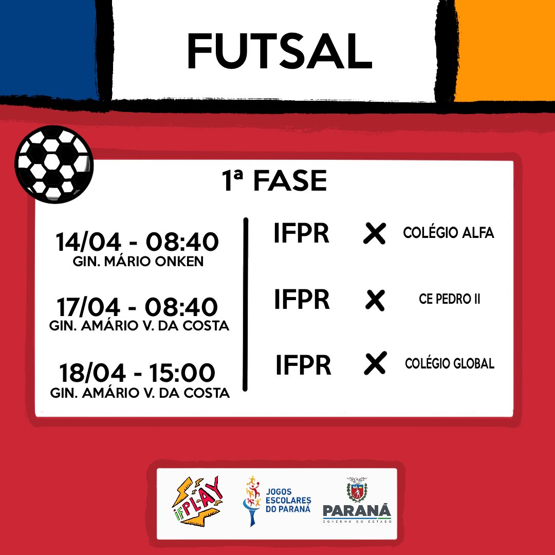 IFPLAY_Oficial's tweet photo. PROGRAMAÇÃO DOS JOGOS ESCOLARES 2023.

Horário abaixo referente aos jogos onde o IFPR - Campus Umuarama irá participar.

OBS: O JOGO DE BASQUETE 14/04 às 14:30 FOI ADIANTADO PARA ÀS 13:30!

#ifplay #escola #escolares #jogosescolares #jogosescolaresdoparana #parana #ifpr https://t.co/jW3F8JimCZ