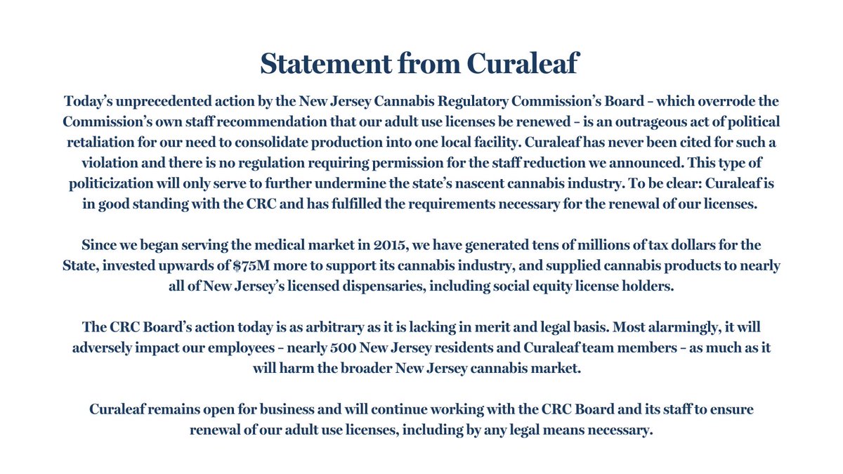 Boris_Jordan's tweet image. Please see our statement regarding today&apos;s decision by the New Jersey CRC. $CURA $CURLF