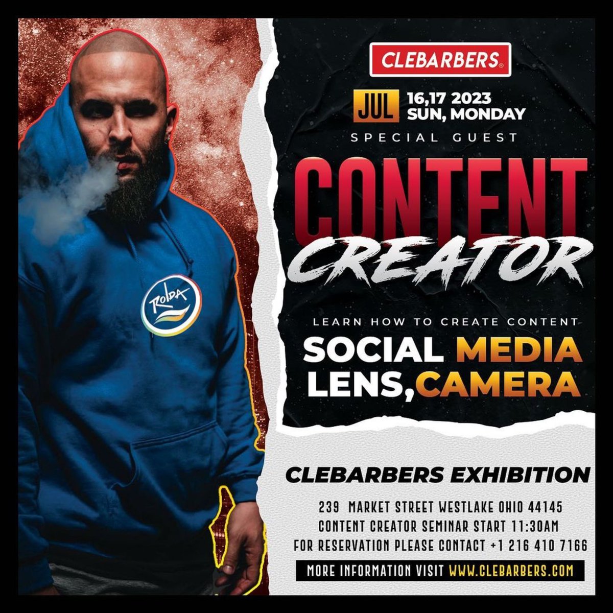 Cleveland barber. Here your chance to elevate your content creating skills.  

July 16-17 2023 

@angelraws1 is going to be giving a content creating class.  You wouldn’t want to miss it. 
#cleveland #clevelandbarberexpo  #clevelandbarbers  #clebarbers #clebarbersexpo