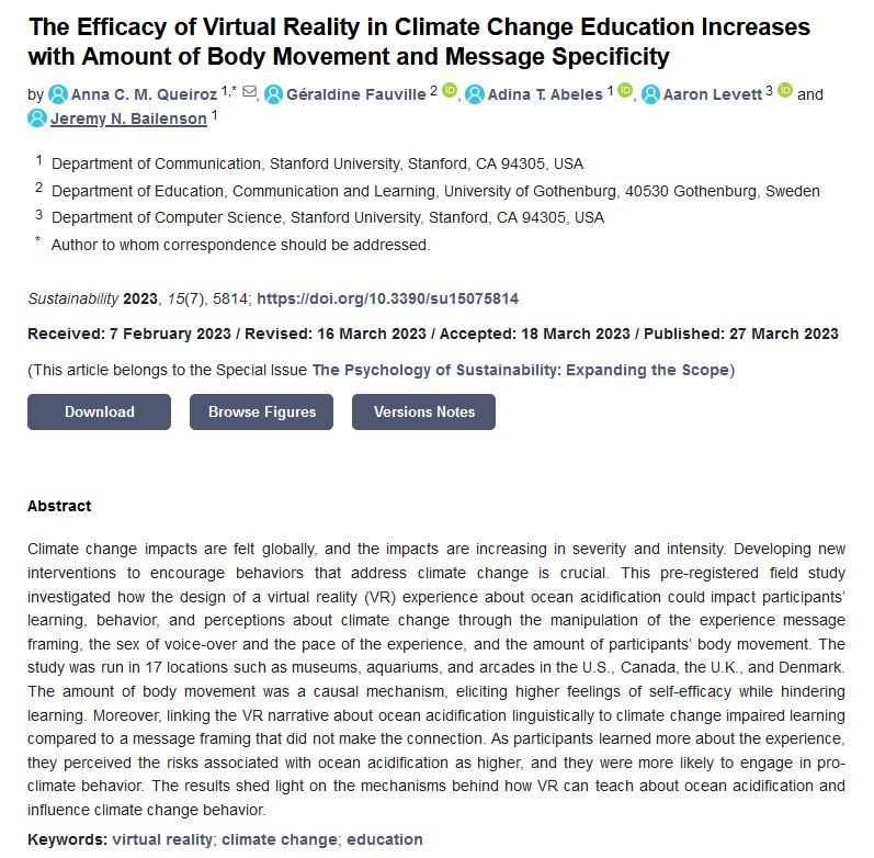 #SUSEditorialChoice  The Efficacy of Virtual Reality in Climate Change Education Increases with Amount of Body Movement and Message Specificity   by Anna C. M. Queiroz, et al.  mdpi.com/2071-1050/15/7…  #virtualreality #climatechange #education