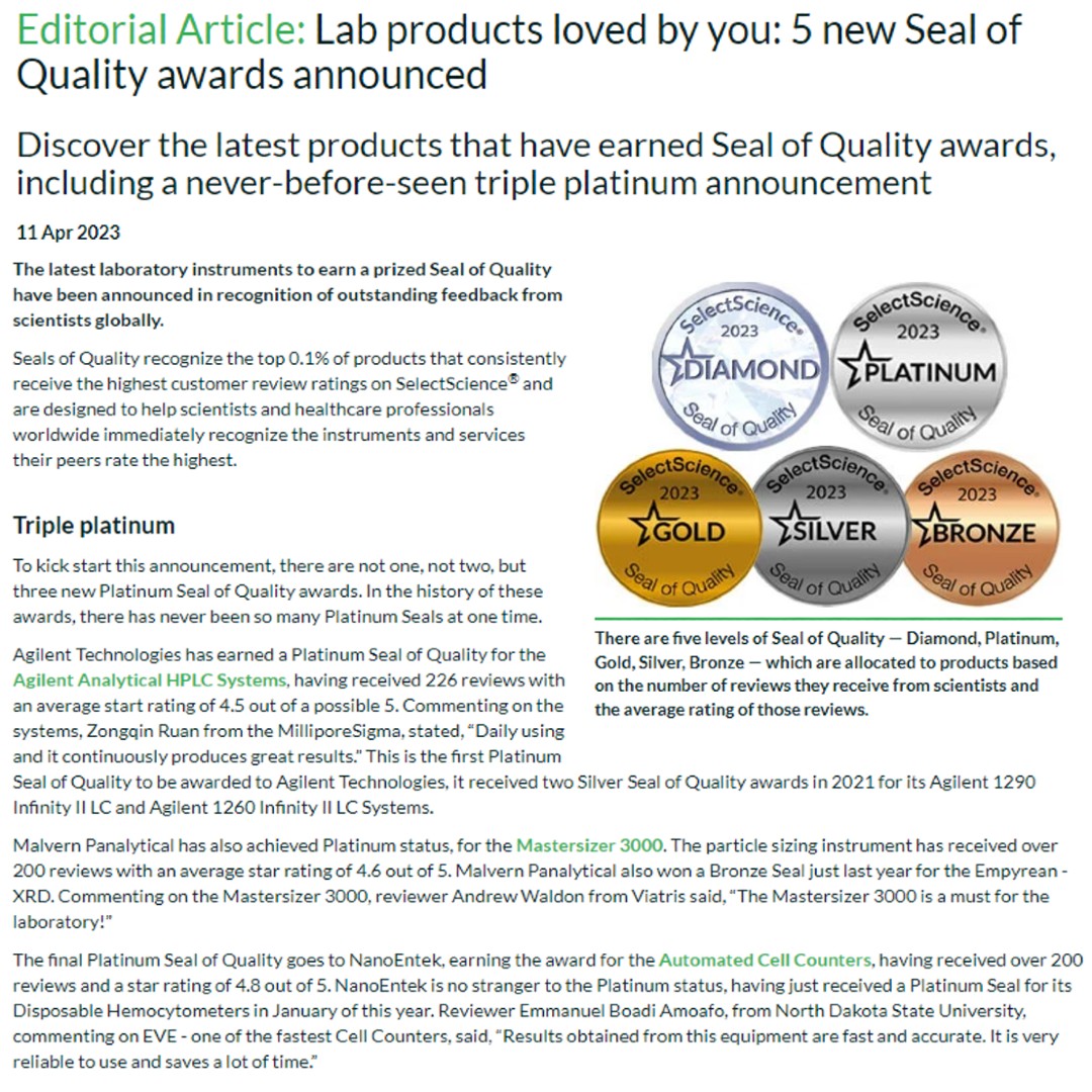 NanoEntek1987's tweet image. 👏 NanoEntek’s won a Platinum Seal of Quality 👏

For more information, click the link below!
👇👇👇👇👇⠀
[Links] bit.ly/418J9hJ
⠀
#SelectScience #PlatinumSeal #Platinum #NanoEntek #automatedcellcounters #cellcounter #SharingInnovation #lifescience #healthcare