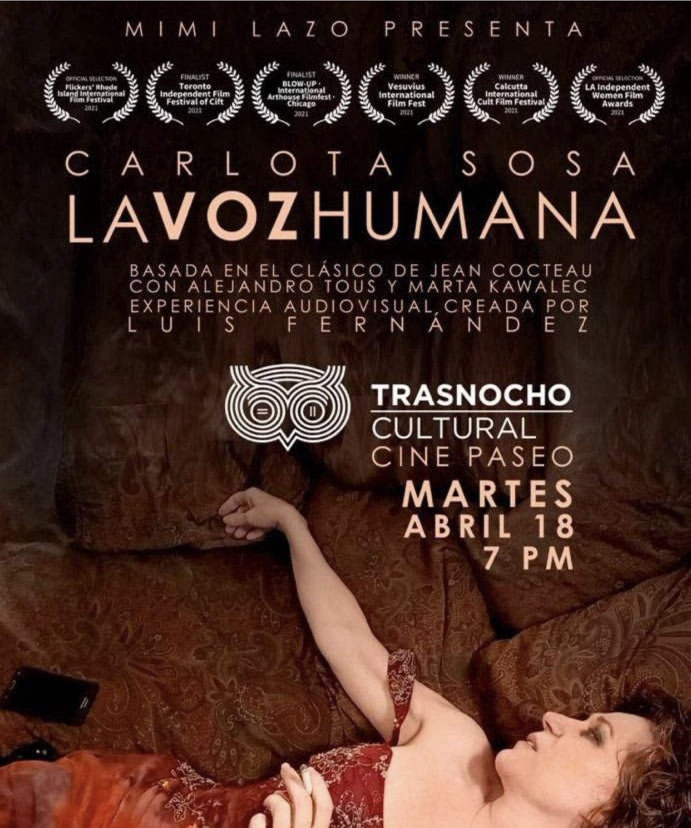 LA VOZ HUMANA con Carlota Sosa, será proyectada el martes 18/4 a las 7 pm en la sala Paseo 2 del <a href="/trasnochocult/">Trasnocho Cultural</a>. Al finalizar la proyección, tendremos un encuentro con <a href="/carlotasosa/">carlotasosa</a>, <a href="/romerorafaelg/">rafael g romero t</a> y <a href="/LuisFernandez14/">Luis Fernandez</a>. Una producción de <a href="/MimiLazoD/">Mimi Lazo</a> (presente en el foro vía zoom).