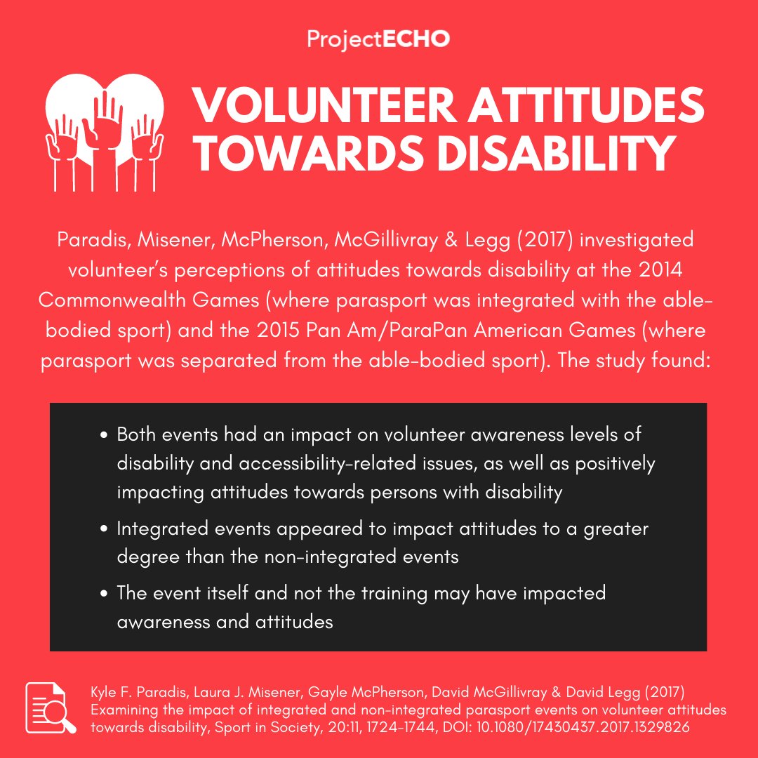 projectecho2020's tweet image. &quot;Understanding how attitudes develop is important from a person’s own health and security, to prejudices, and societal values&quot; (Paradis et al., 2017). This study investigated volunteer attitudes toward disability at two major #parasport games. Read more: doi.org/10.1080/174304…