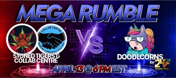 ⚔️Rumble⚔️
We start the rumble in less than  20mins 🚨

Starting in <a href="/24CarrotBunny/">Doodlcorns by 24 Carrot</a> 🐰
Then to collab centre 🤝
Finishing in <a href="/Stoned_Tigers/">Stoned Tigers 🐅</a> 🐯

Don’t miss out! Jump in discord and get ready to fight🗡️

#rumble #Collab #BunnyArmy #Tigers #Origins #NFT #Prize #CollabCentre