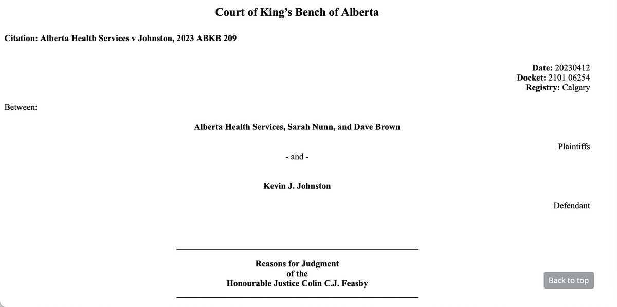 ZiadFazel's tweet photo. Alberta Health Services v Kevin J. Johnston
2023 ABKB 209

/c @FlukerShaun @UbakaOgbogu @CBCMeg @molszyns @OrlaghOKelly1 @KMartinCourts @alanna_smithh @CarrieTait @markusoff @elisevonscheel https://t.co/bg0DGtPNfs