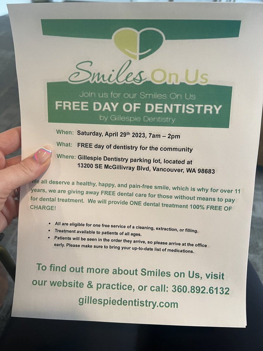 kyliemacarthur's tweet photo. really good resource if you or someone you know is in need of one of the following services! completely free, lines will be long but worth it if you don’t have insurance! 💚🦷 https://t.co/I80Zbiy8CD