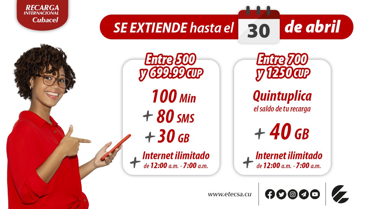 📣 Se extiende hasta el 30 de abril promoción de #RecargaInternacional vigente.
ℹ️ Más detalles ➡️ etecsa.cu/es/promocion/b…