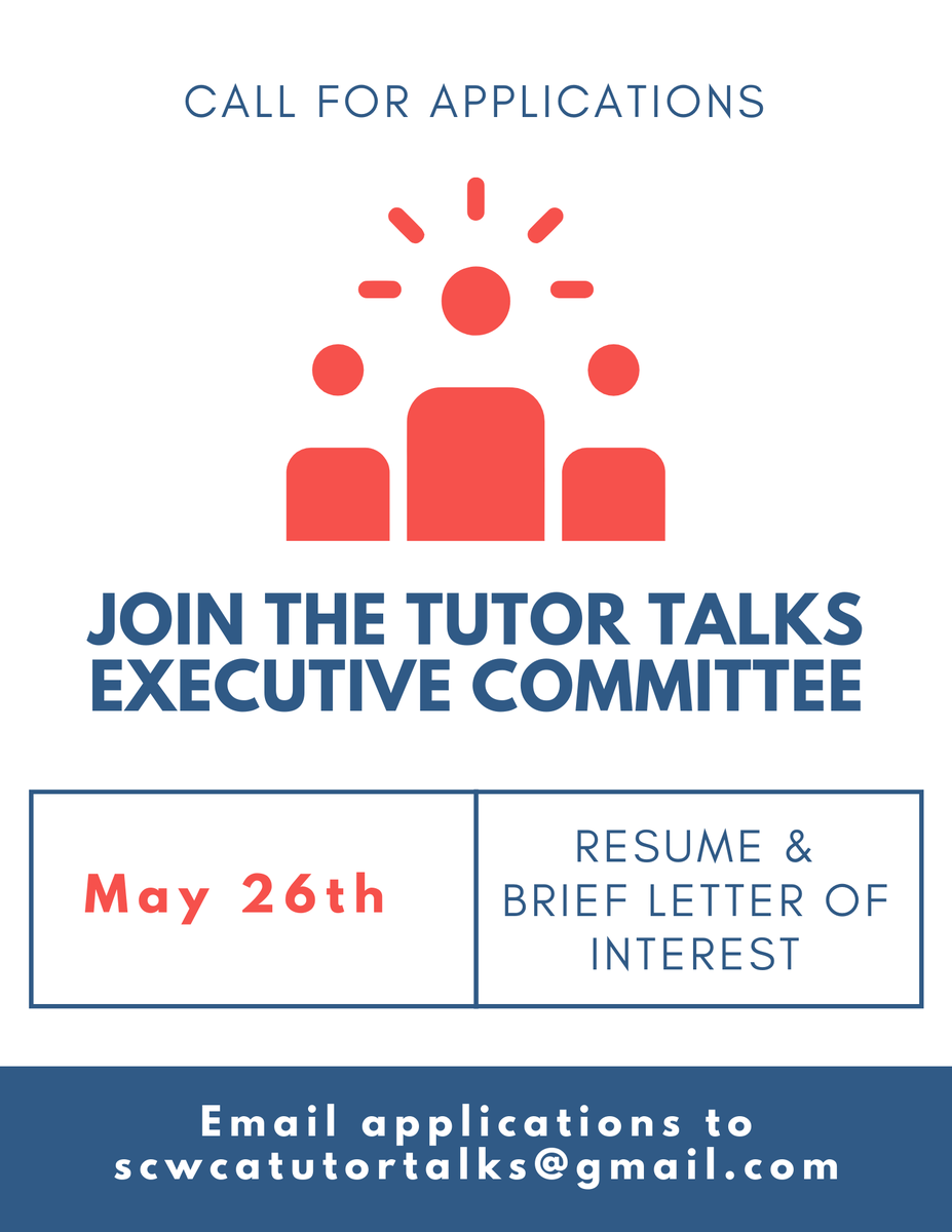 Tutor_Talks's tweet photo. Interested tutors should submit a resume and brief letter of interest (250-500 words) to SCWCATutorTalks@gmail.com by May 26, 2023. https://t.co/jeh2Mw2cJ1