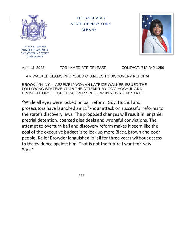 TheRealLatriceW's tweet photo. Gov. Hochul has proposed changes to discovery reform in the 11th-hour of budget negotiations. The changes would no doubt result in more coerced guilty pleas and wrongful convictions. This is not the future I want for New York State. My full statement: https://t.co/rGgzmhNkdz