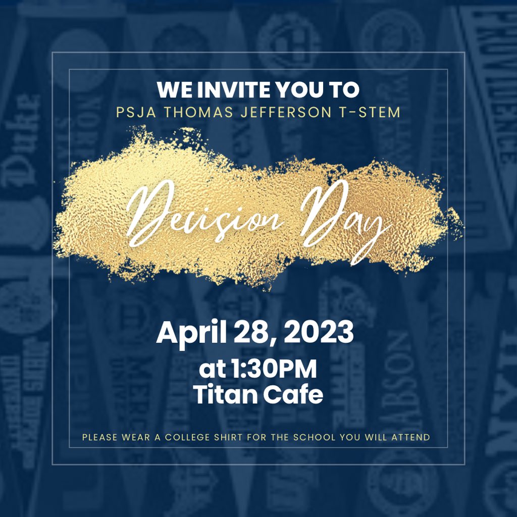 tstemgocenter's tweet photo. Seniors it’s time to celebrate and declare where you will be attending College in the Fall. Please make plans to attend our Decision Day! Make sure to wear the college shirt of the school you will be attending! Parents are welcome to come celebrate with us! https://t.co/HgSu0SfuWg