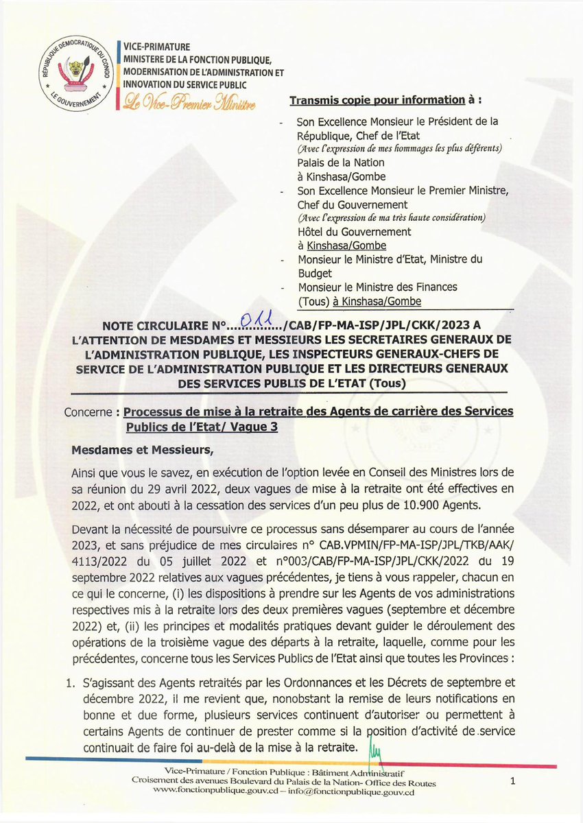 FPubliqueRDC's tweet photo. Le VPM @LihauEbua vient de procéder au lancement du processus de la troisième vague de mise à la retraite des agents éligibles ainsi que le chronogramme y afférent. @carloskaloto @dany_kab @malcomkambaj https://t.co/y0KK23Takh