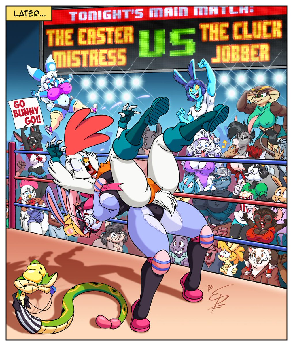 I'm 4 days late from #Easter 2023, but this doesn't stop me from releasing my traditional comic starring Esther B. &amp; Choo-Choo!🐰🪠🐔

This time Choo will challenge Ms. B. in a small competition. What will they play? Let's find out alongside a few cameos in the last panel.👀 