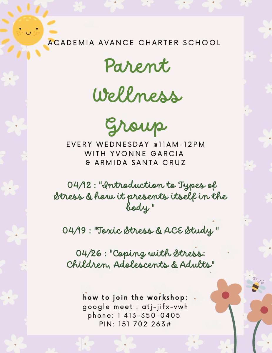 AcademiaAvance's tweet photo. Hey Avance Family!
Here is your reminder of our Parent wellness group! We here at Avance encourage you to participate in our meeting to help you find ways to work out stress and better care for yourself! We hope to see you there! 💚
#Avance #academiaavance #wellness #selfcare https://t.co/OXP2mG2DKO