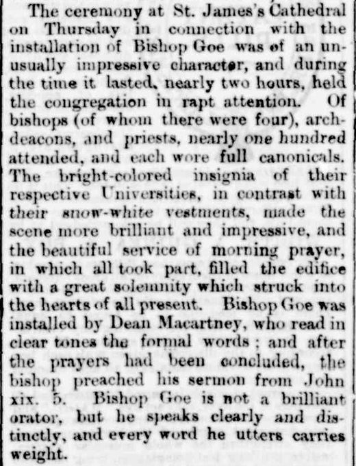 AustAnglican's tweet photo. 14 April 1887: the Rt Revd Field Flowers Goe (1832-1910) installed and enthroned in St James' Cathedral as third Bishop of Melbourne. #anglican #136years The two-hour event was ticket-only, with an estimated 2-3 thousand turned away. https://t.co/kDYJe5v78t