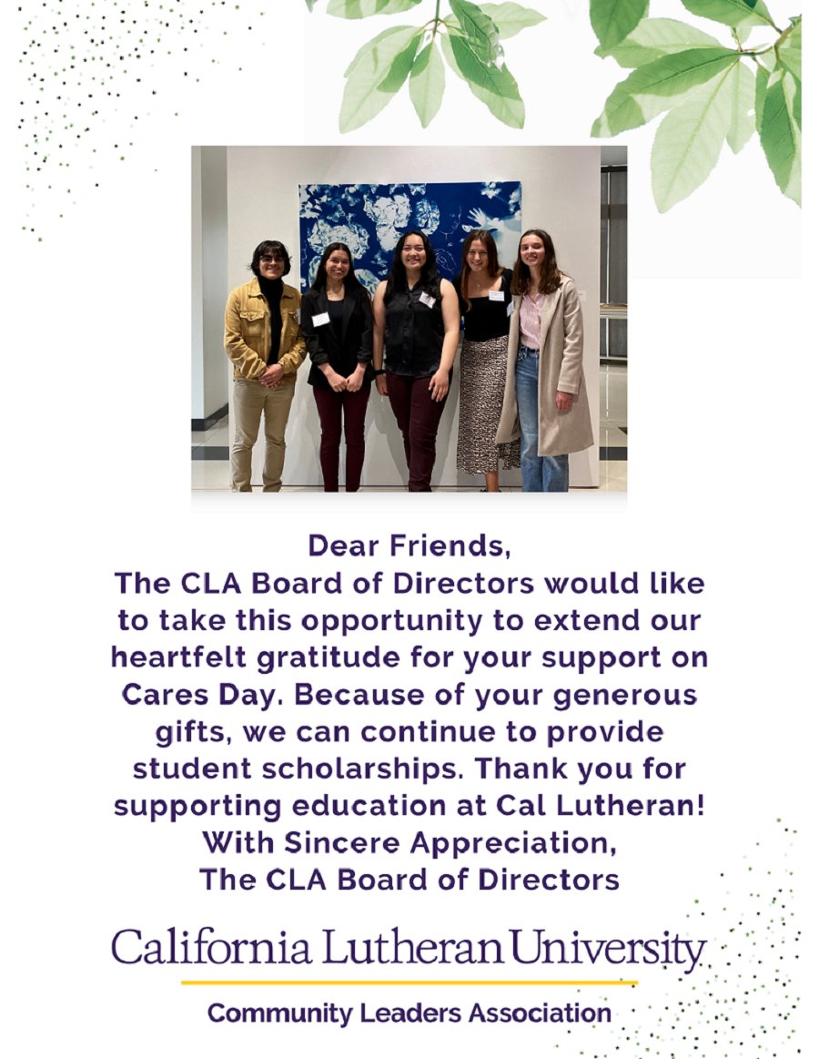 Thank you for supporting Cal Lutheran students. We are so proud of their accomplishments. If you haven't already, please make a gift by midnight on April 26: callutheran.edu/CLAscholarships
#CalLutheranCares