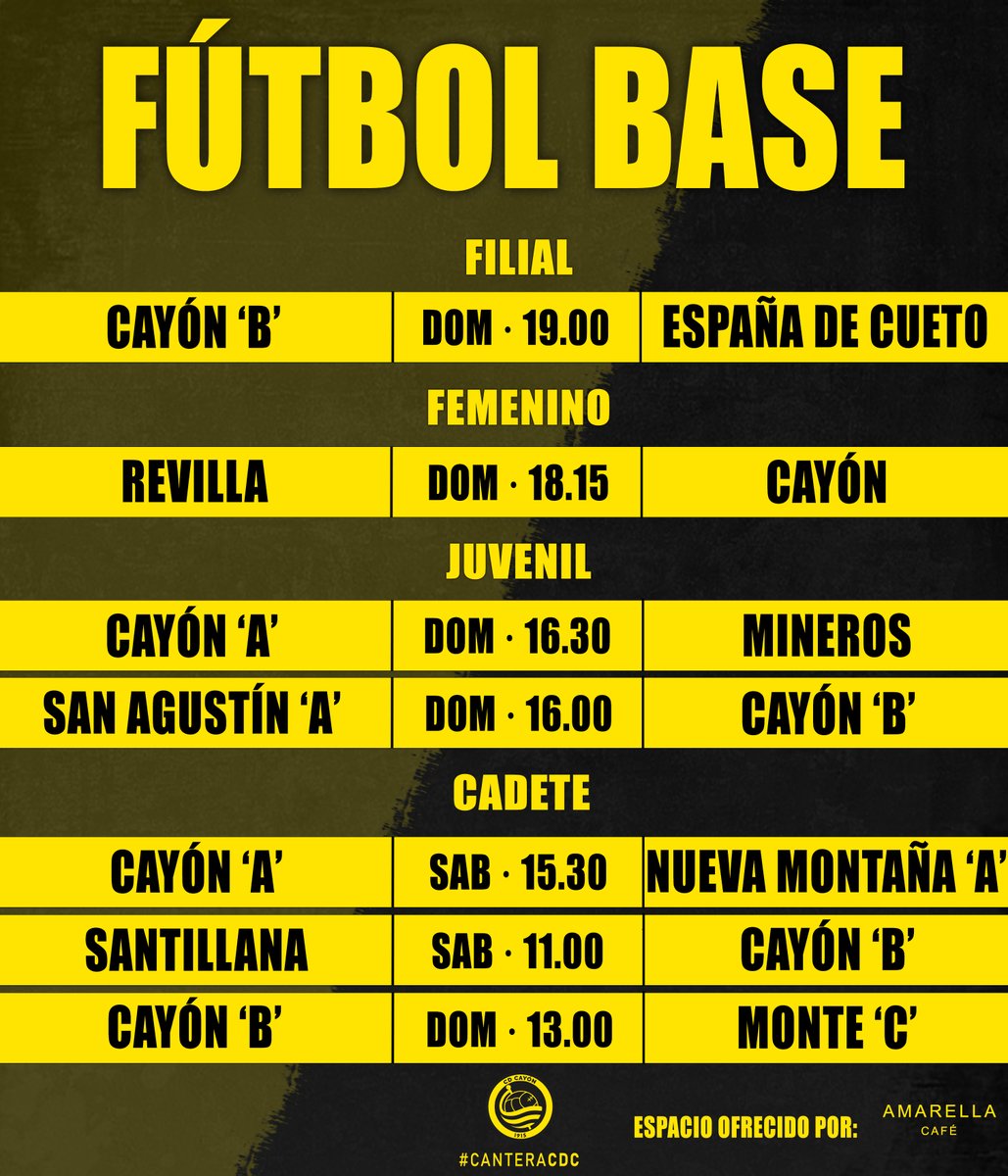 CDCayon's tweet photo. ▶️ El Filial recibe la visita del España de Cueto, y el Femenino se verá las caras con el Revilla en El Crucero
🗓️ Consulta el resto de horarios del fin de semana
#CanteraCDC https://t.co/nvtMEt1L6q
