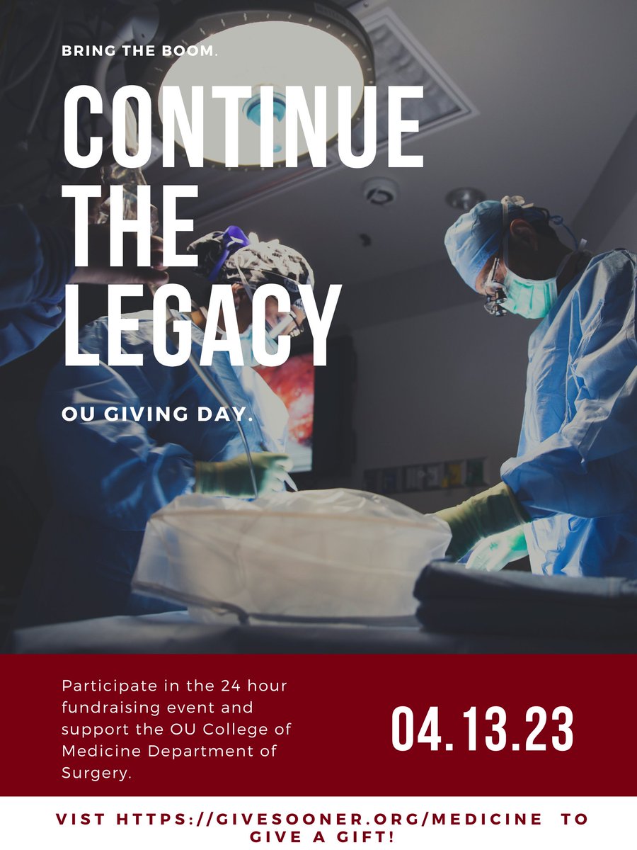 Happy OU Giving Day! To give a gift in support of the Department of Surgery visithttps://givesooner.org/campaign_search?search=other+-+college+of+medicine&amp;category= make your gift out to the Department of Surgery, and include fund number 50318. #OUGivingDay