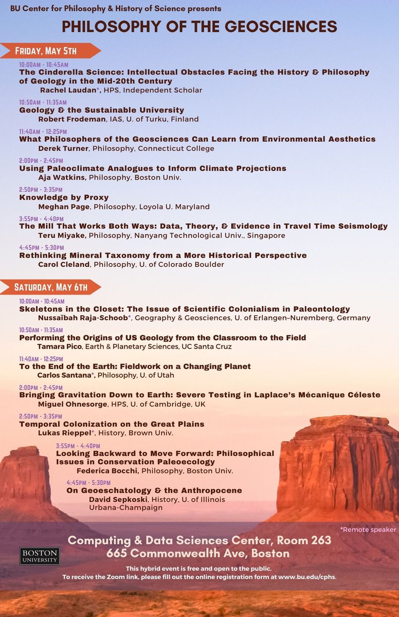 📌Save the date: upcoming @BUCPHS Boston Colloquium on *Philosophy of the Geosciences* held Friday May 5th & Saturday May 6th. Event will be hybrid with in person at @BU_CDS Bldg room 263 & via Zoom by registering at link bu.edu/cphs Free & all welcome!